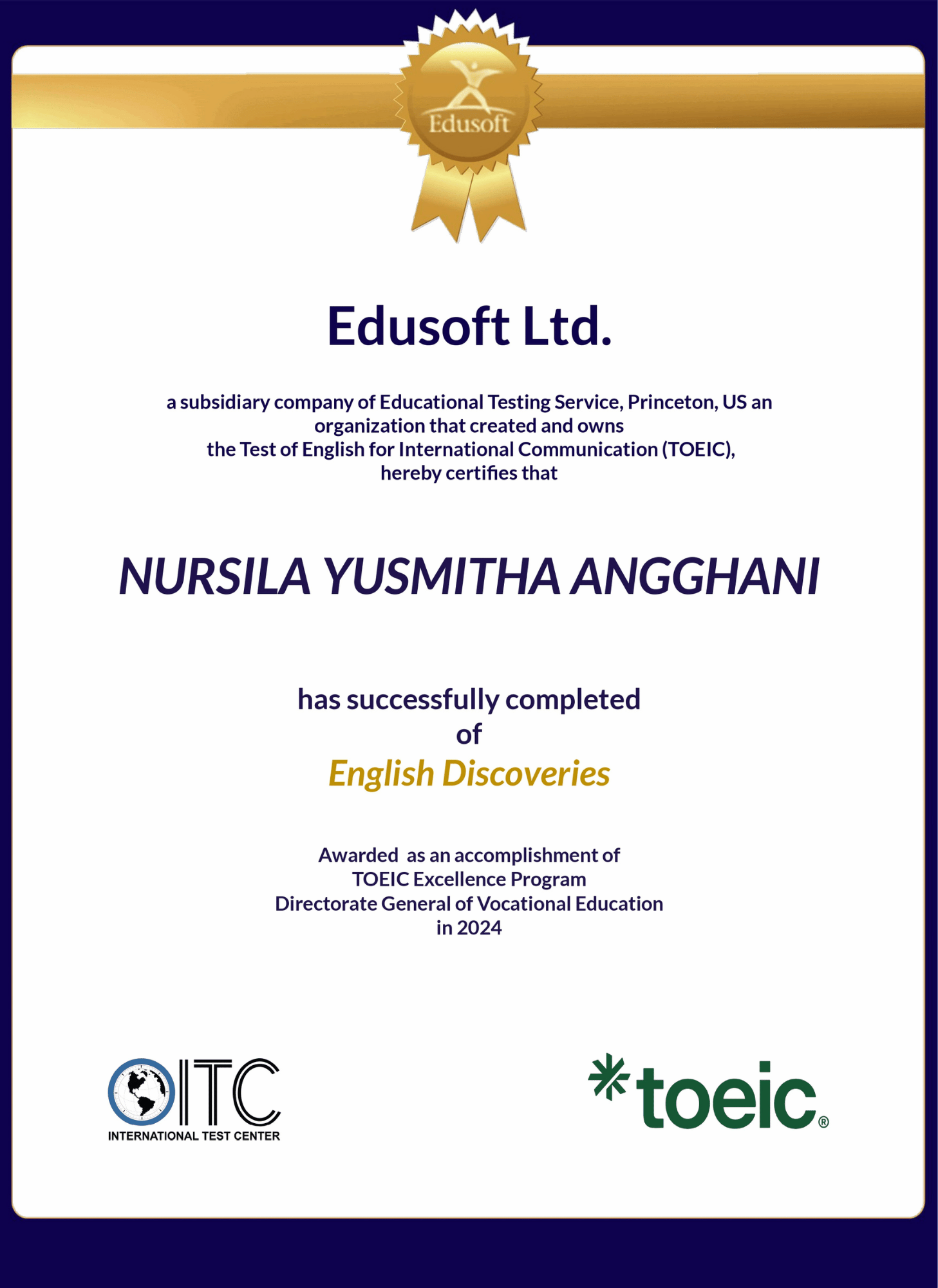 English Discoveries Completion Certificate - TOEIC Excellence